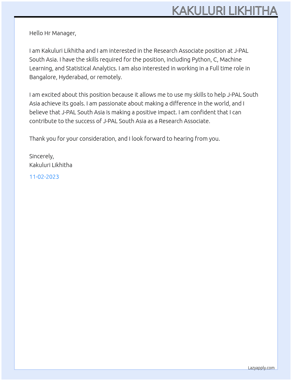 Research Associate At J-PAL South Asia Cover Letter