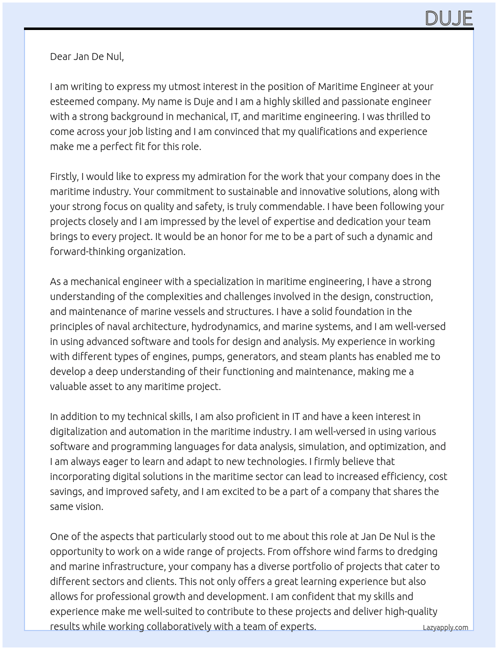 Maritime Engineer At Jan De Nul Cover Letter