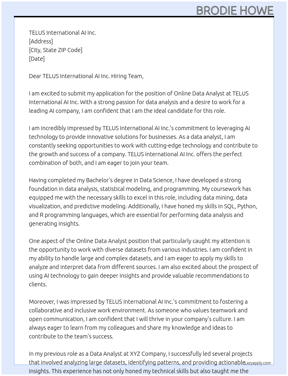 Online Data Analyst At TELUS International AI Inc. Cover Letter
