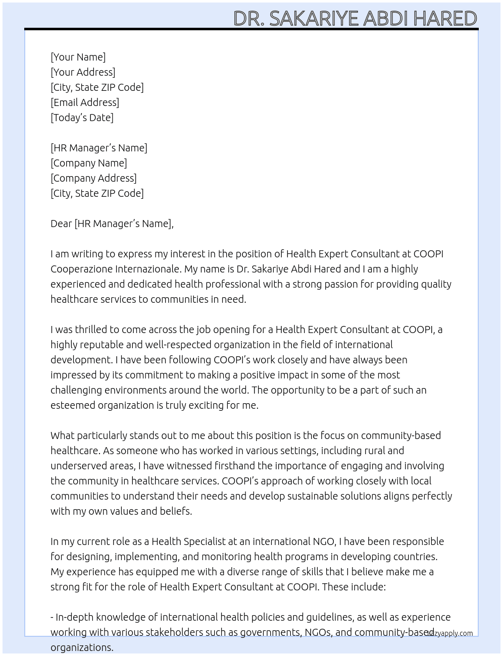 Health Expert Consultant At COOPI Cooperazione Internazionale Cover Letter