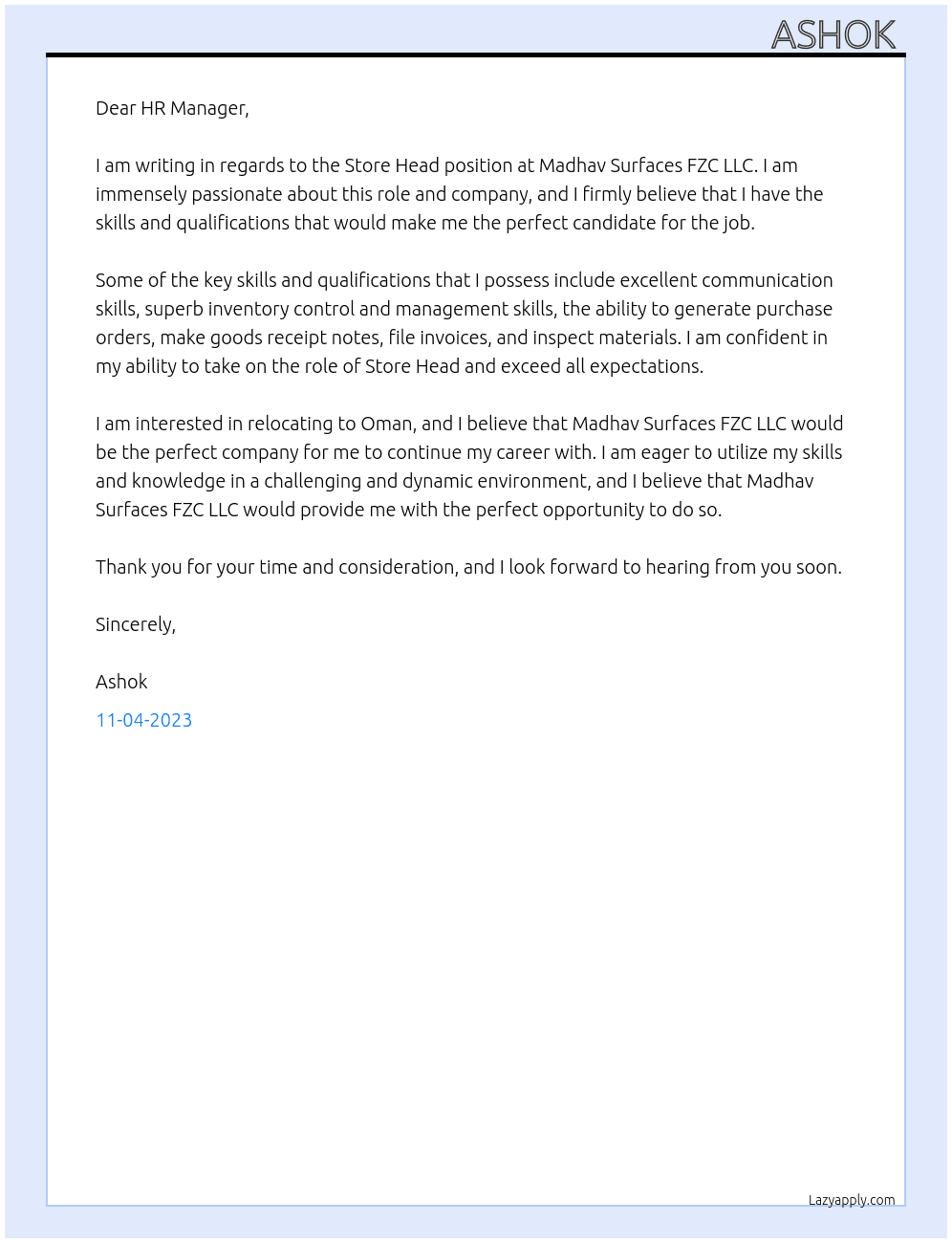 Store Head At Madhav Surfaces FZC LLC Cover Letter