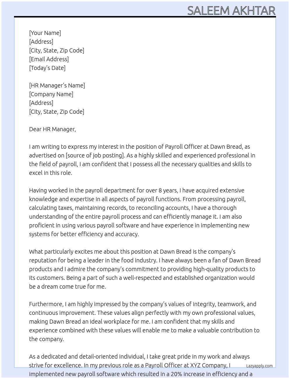 payroll Officer At Dawn Bread Cover Letter