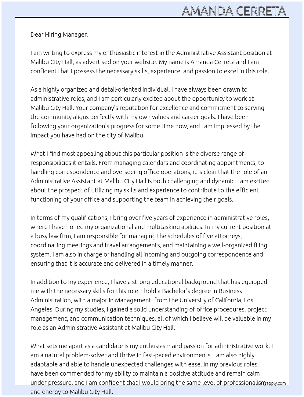 Administrative Assistant  At Malibu City Hall Cover Letter