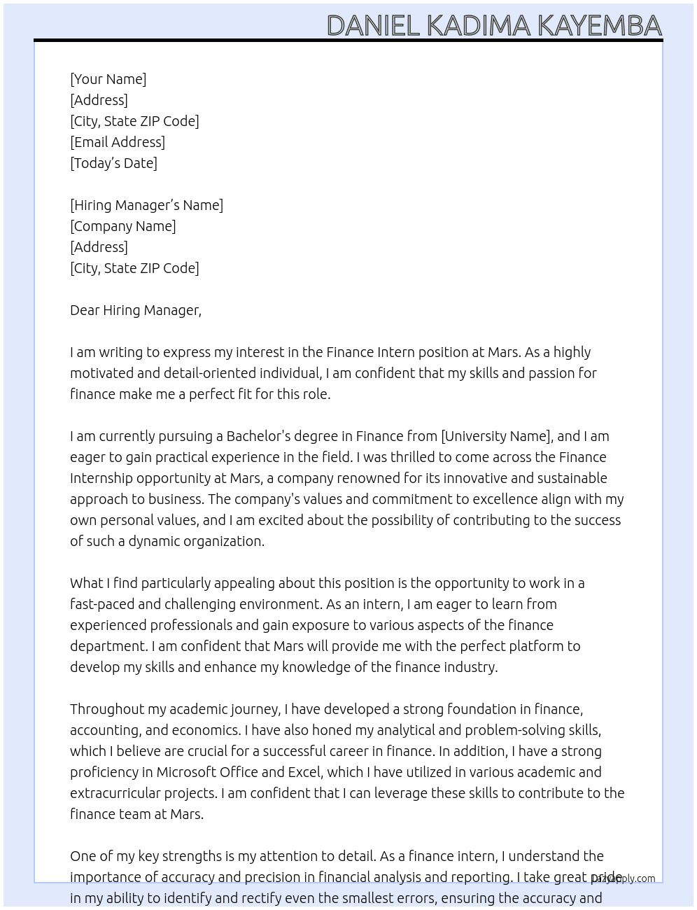 Finance Intern At Mars Cover Letter