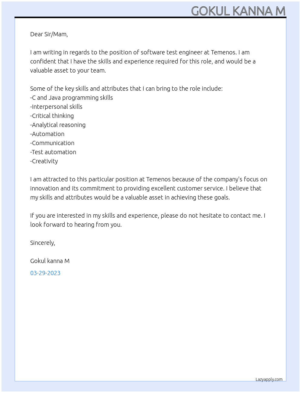Software test engineer At Temenos Cover Letter
