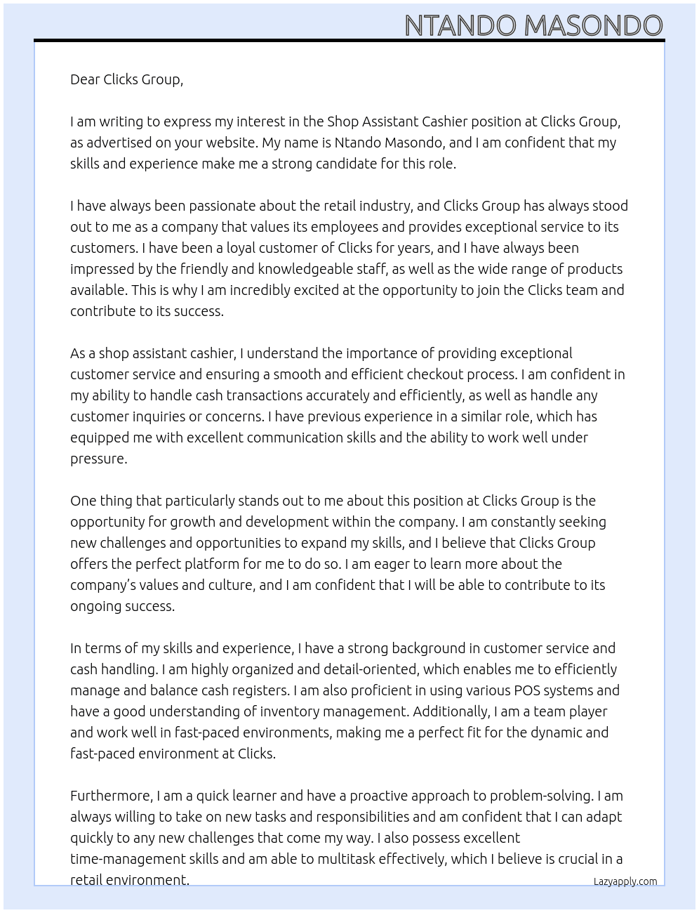 Shop assistant cashier At Clicks group Cover Letter