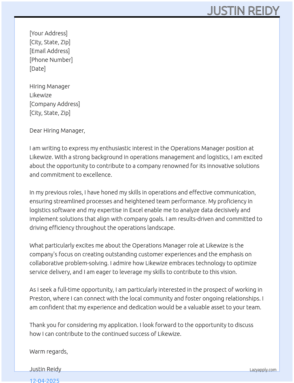 Cover letter for operations manager - LazyApply