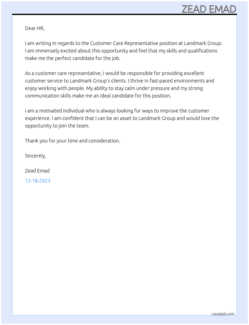 Customer Care Representative  At Landmark Group  Cover Letter