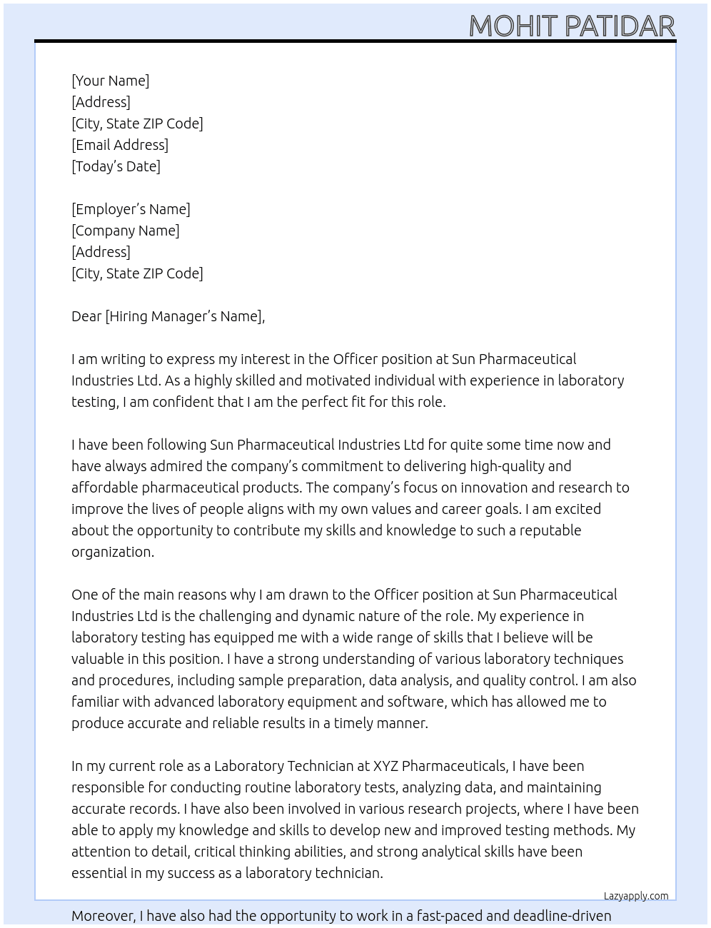 Officer At Sun pharmaceutical Industries Ltd Cover Letter