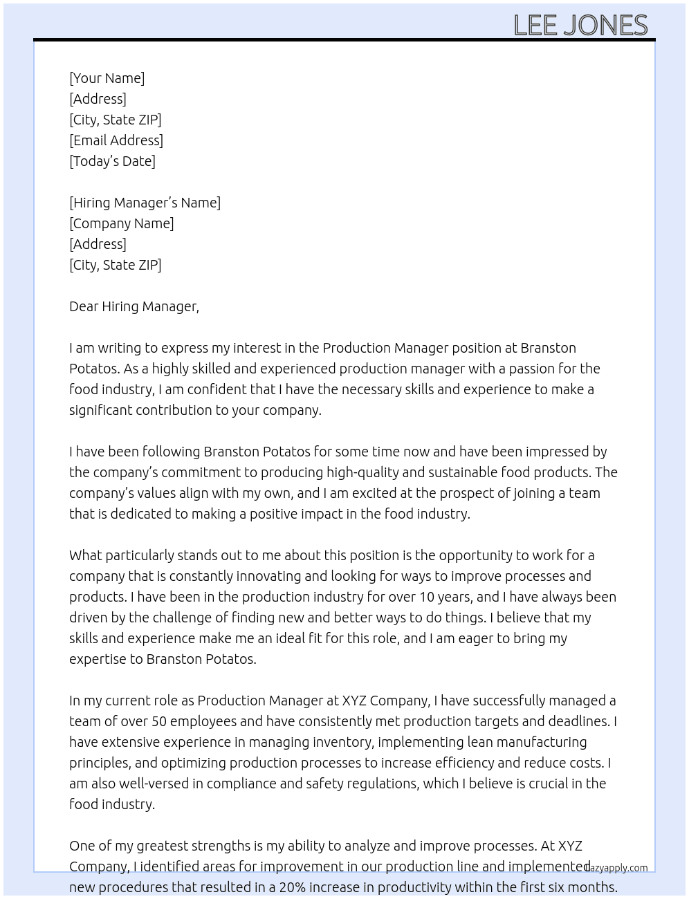Production Manager At Branston Potatos  Cover Letter
