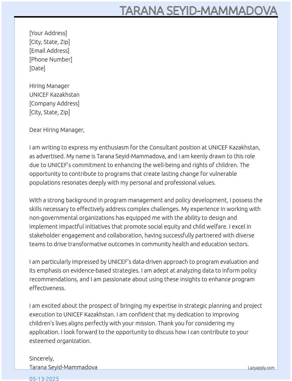Consultant At UNICEF Kazakhstan Cover Letter