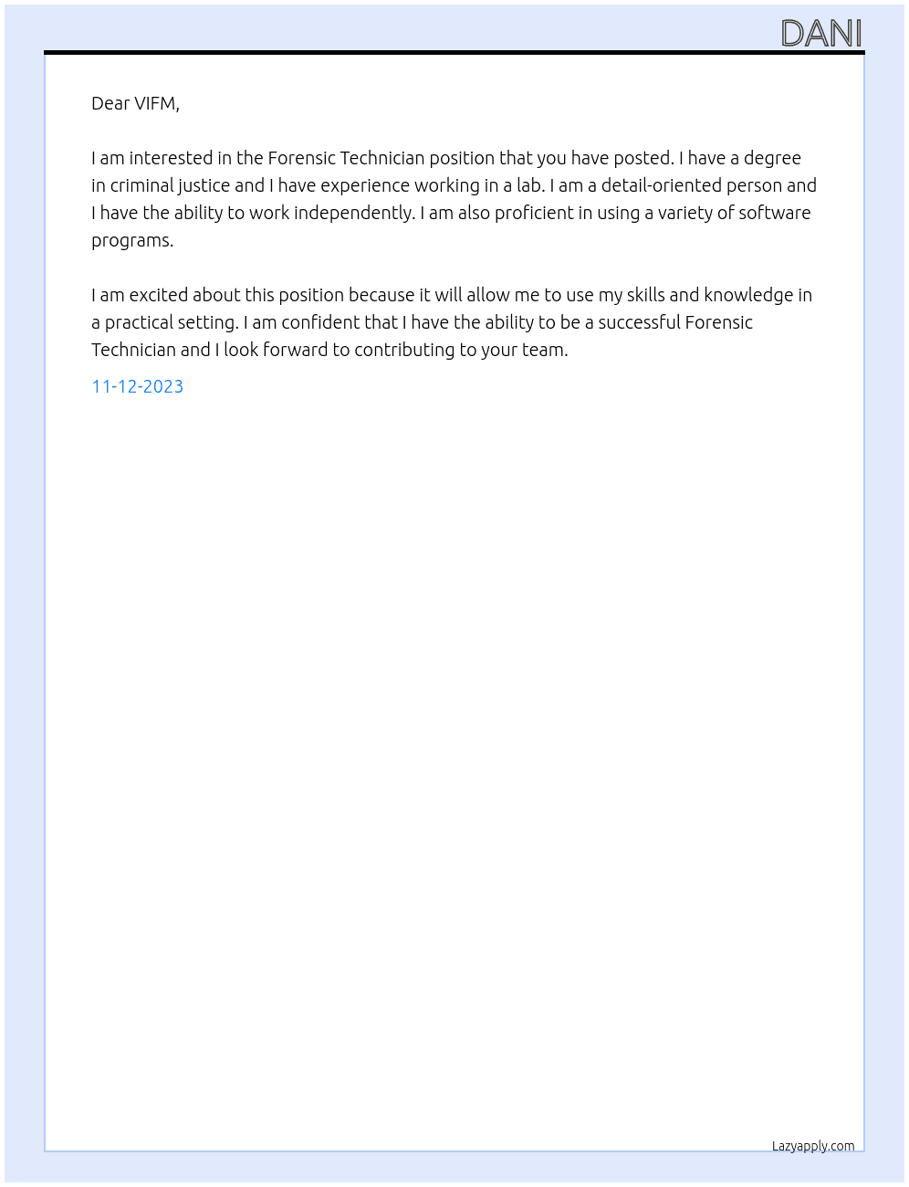Forensic Technician At VIFM Cover Letter