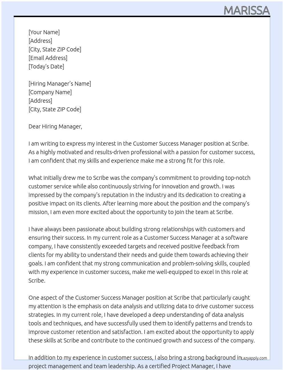 Customer Success Manager At Scribe Cover Letter