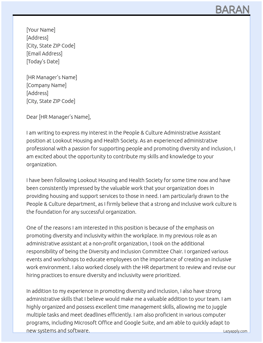 People & Culture Administrative Assistant At Lookout Housing and Health Society Cover Letter