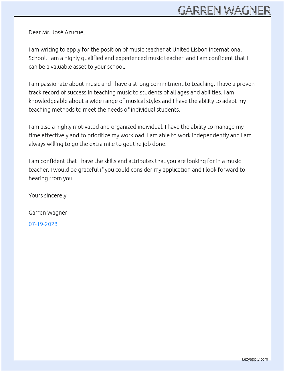 Music Teacher At United Lisbon International School Cover Letter