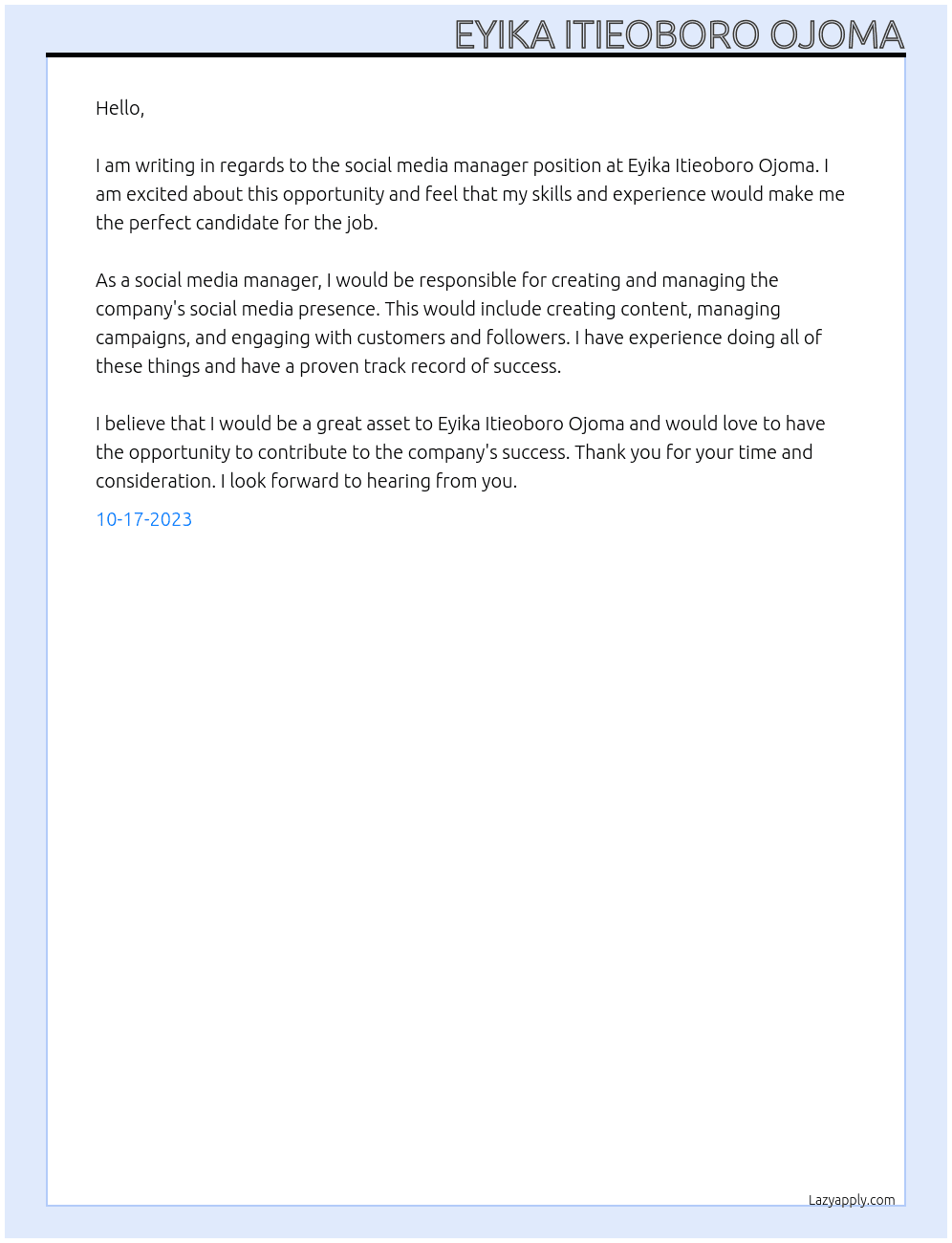 Socal media manager  At Eyika Itieoboro Ojoma Cover Letter