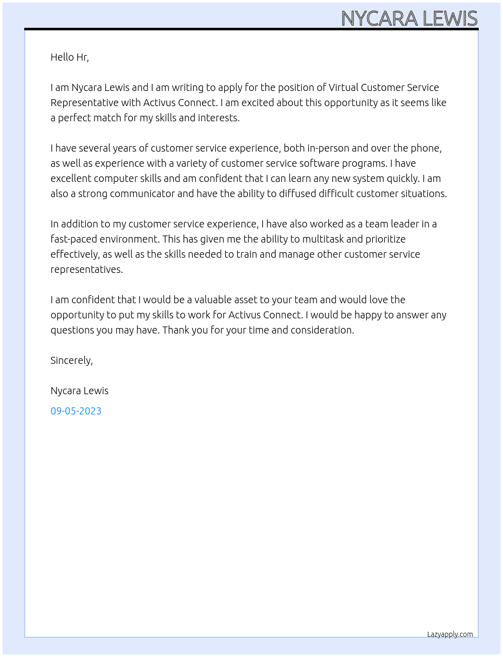 Virtual Customer Service Representative At Activus Connect Cover Letter