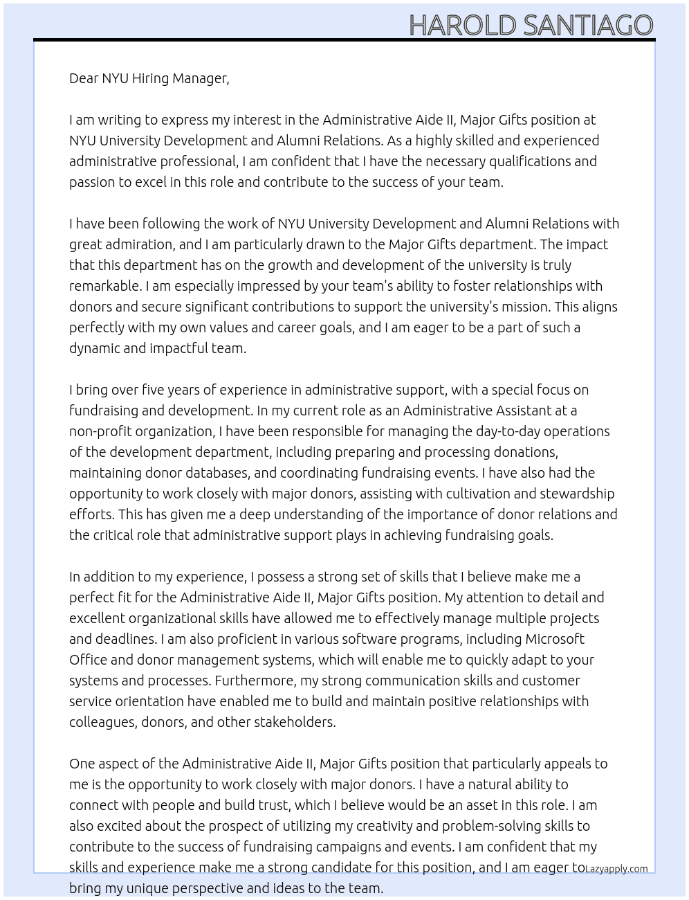 Administrative Aide II,Major Gifts At NYU University Development and Alumni Relations Cover Letter
