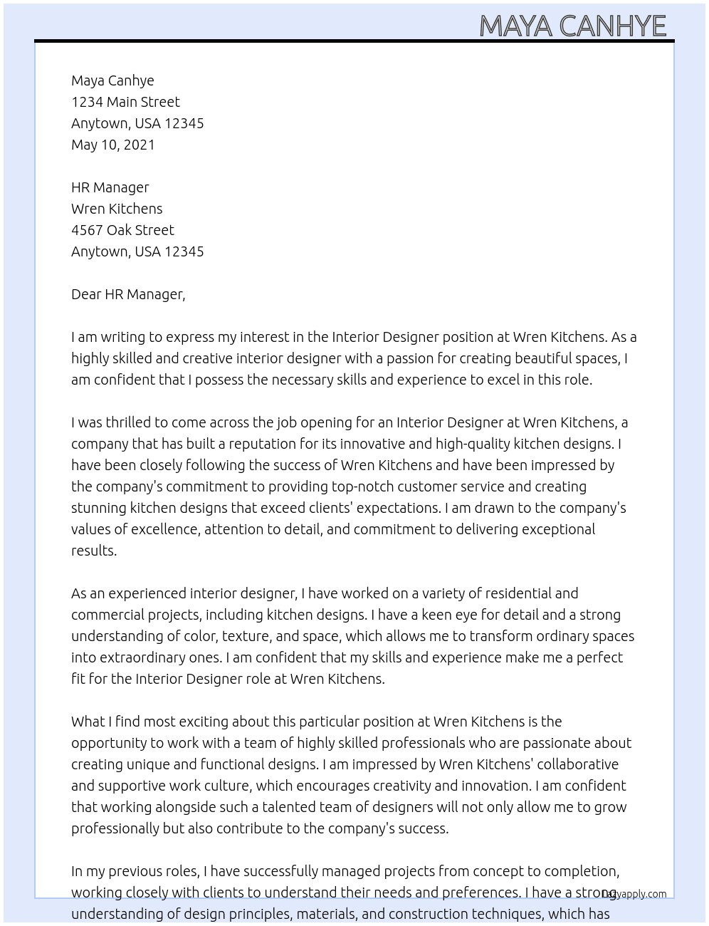 Interior designer  At Wren Kitchens Cover Letter