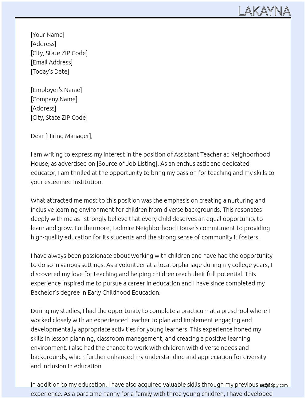 assistant teacher At neighborhood house Cover Letter