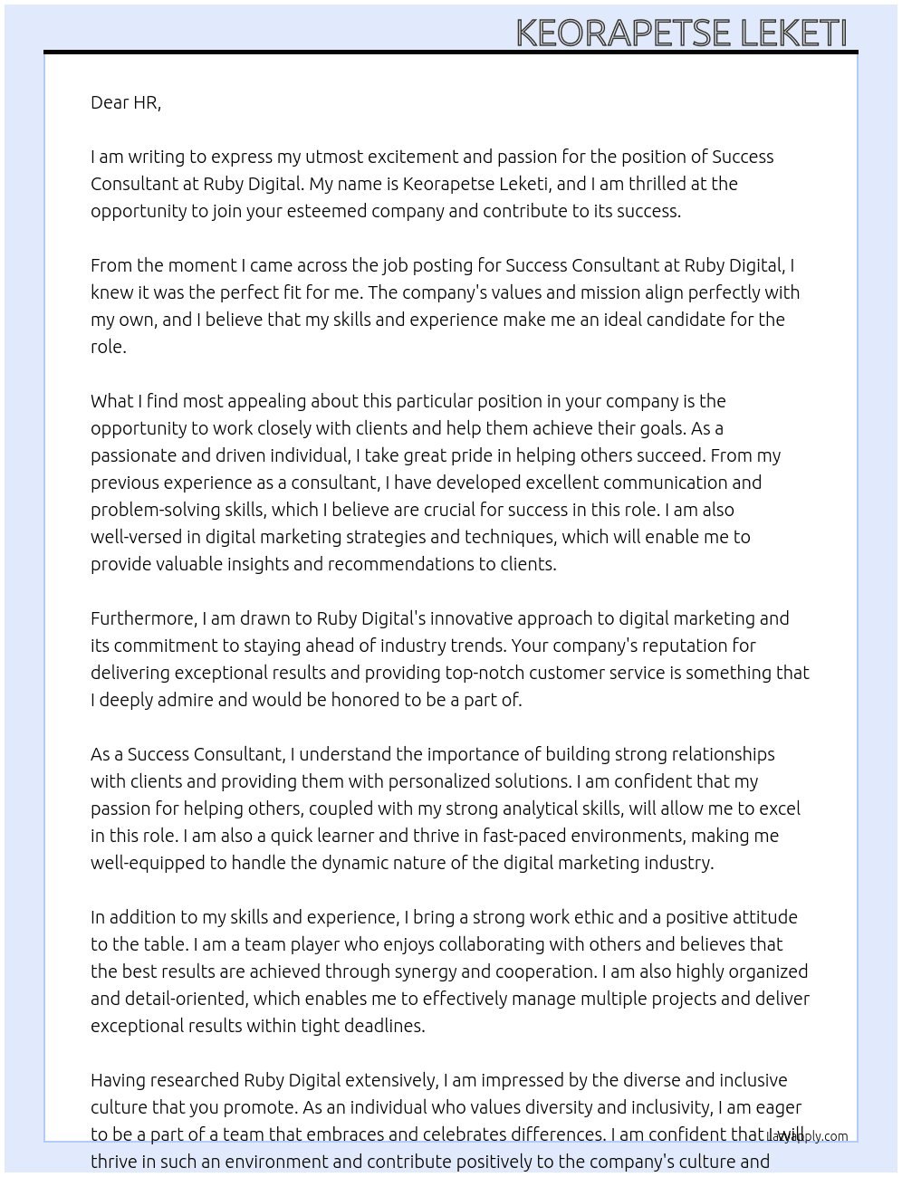 Success Consultant At Ruby Digital Cover Letter