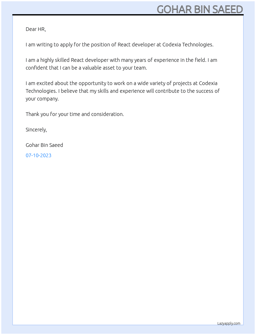 react developer At Codexia technologies Cover Letter