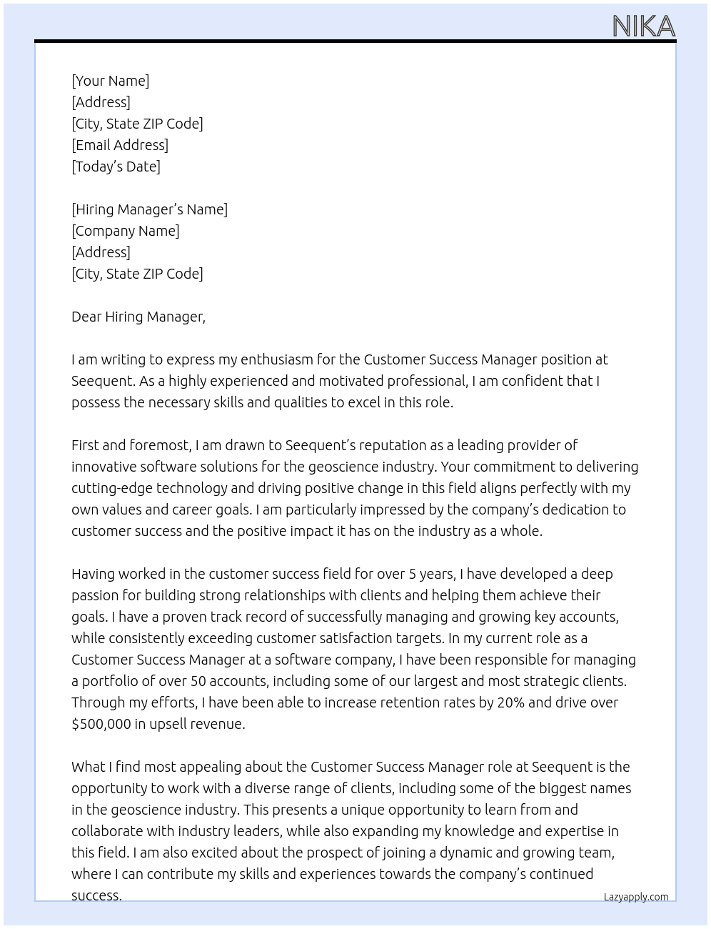 ustomer Success Manager At Seequent Cover Letter