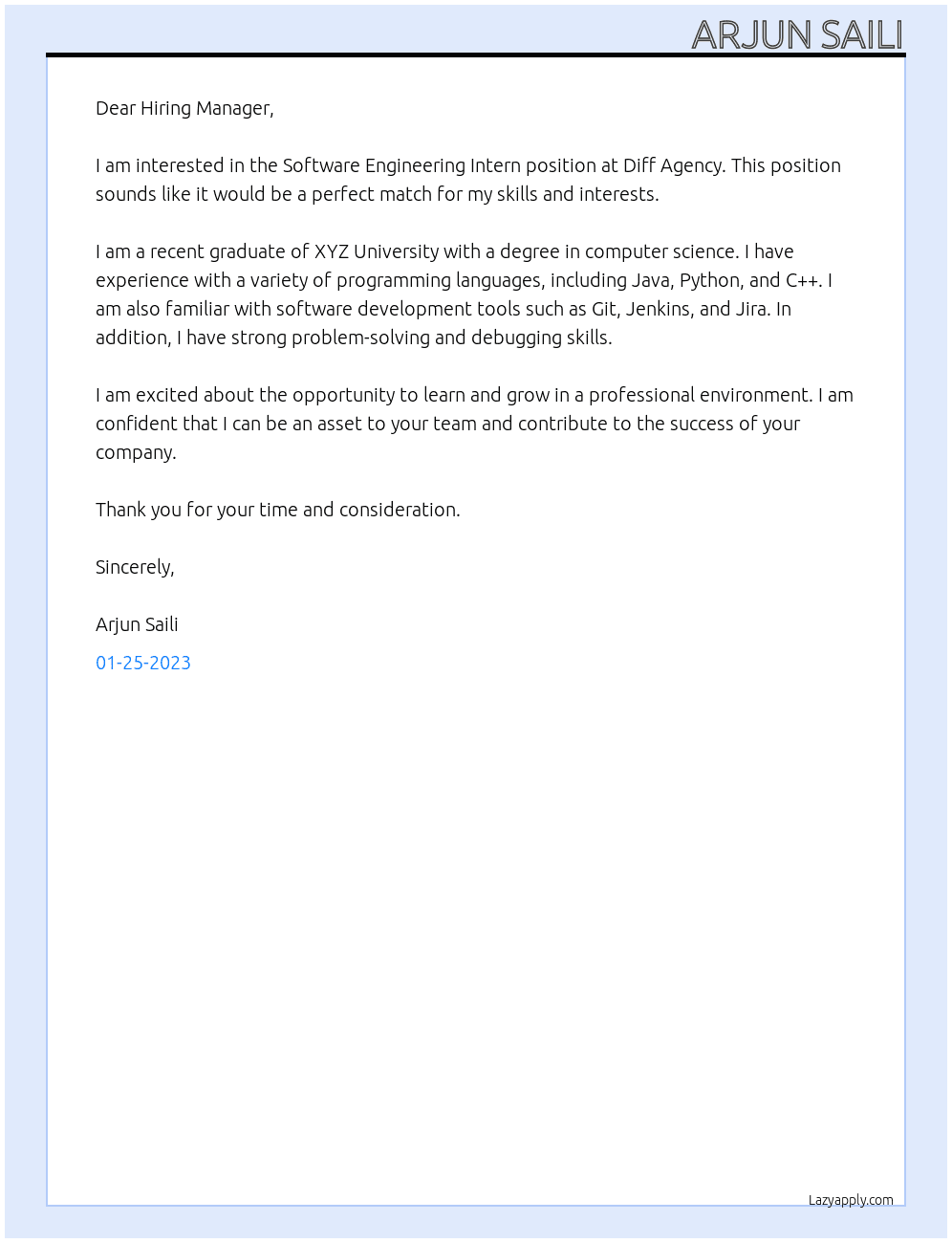 Software Engineering Intern At Diff Agency Cover Letter