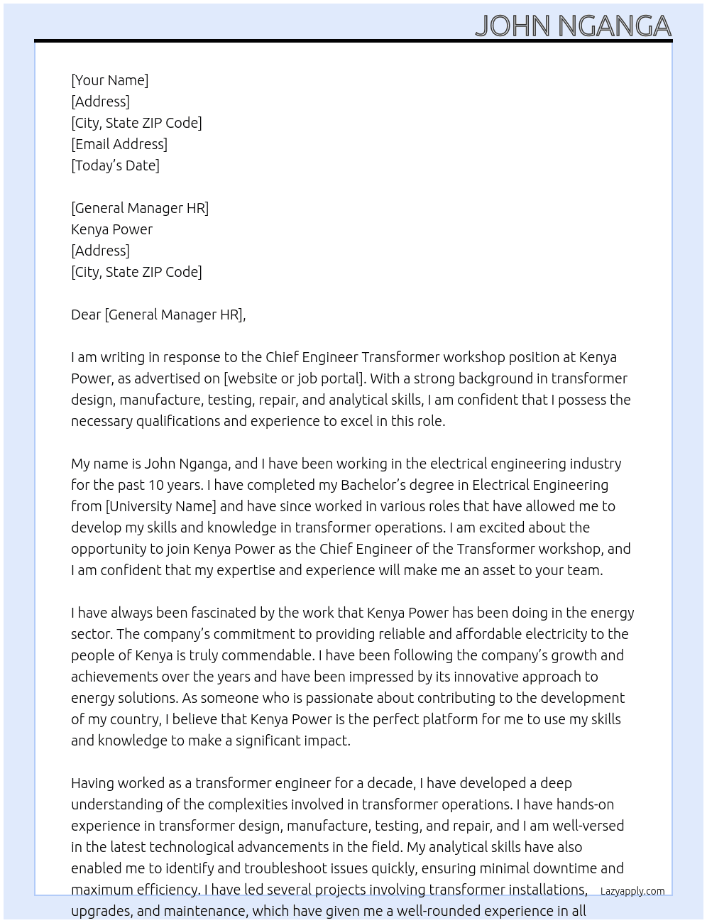 Chief Engineer Transformer workshop At Kenya Power Cover Letter