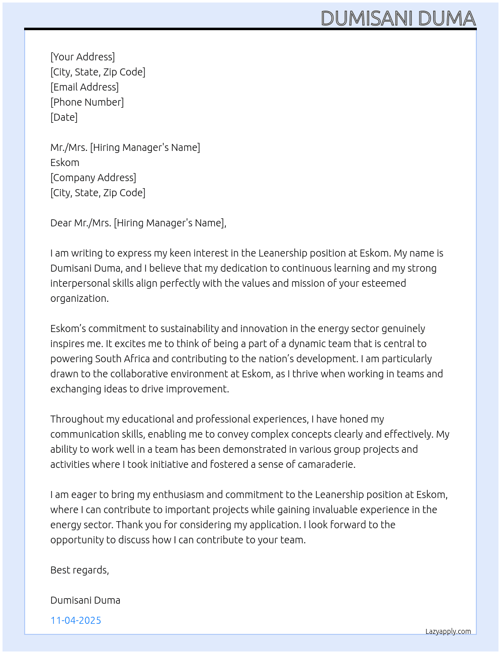 Leanership  At Eskom Cover Letter