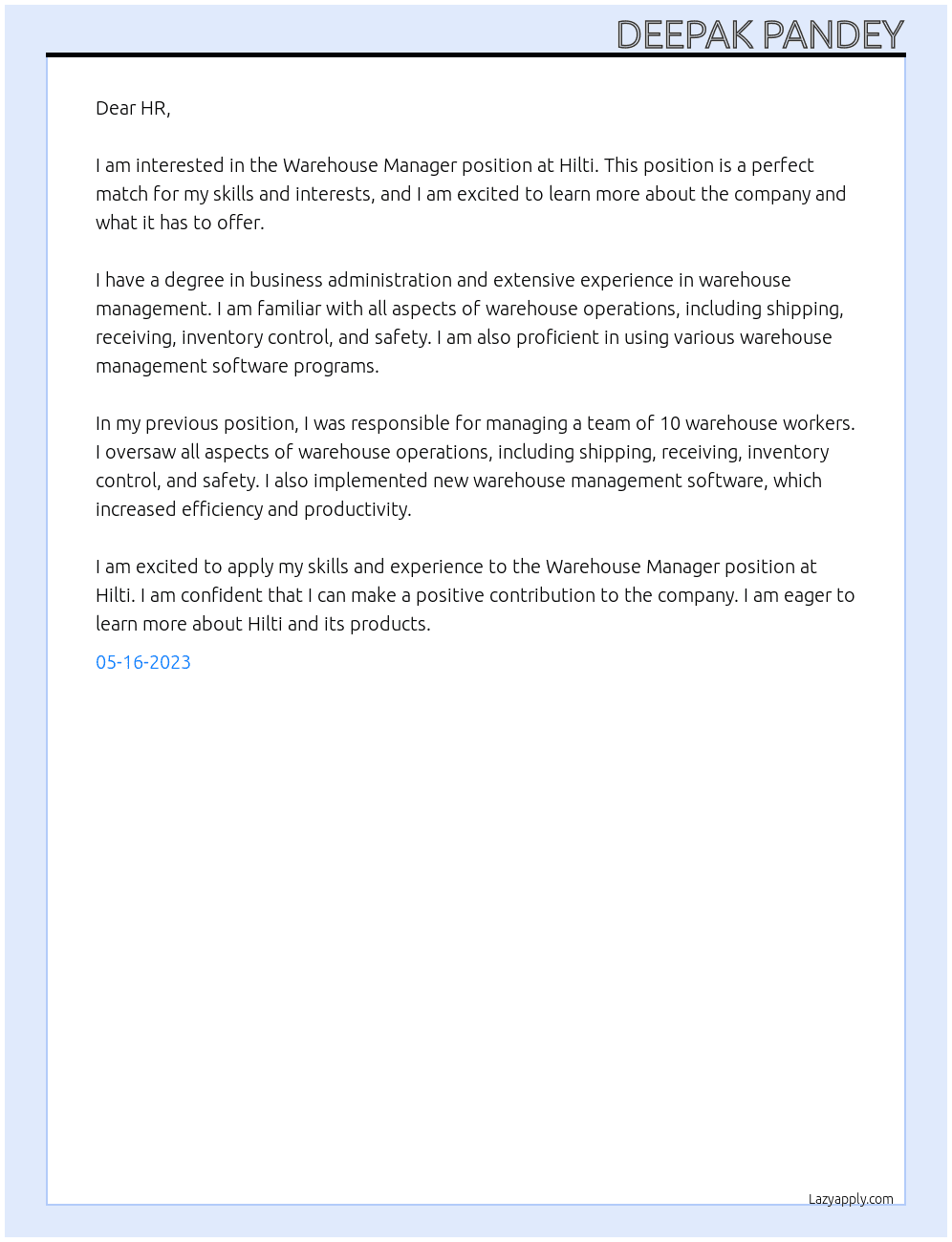 WAREHOUSE MANAGER At Hilti Cover Letter