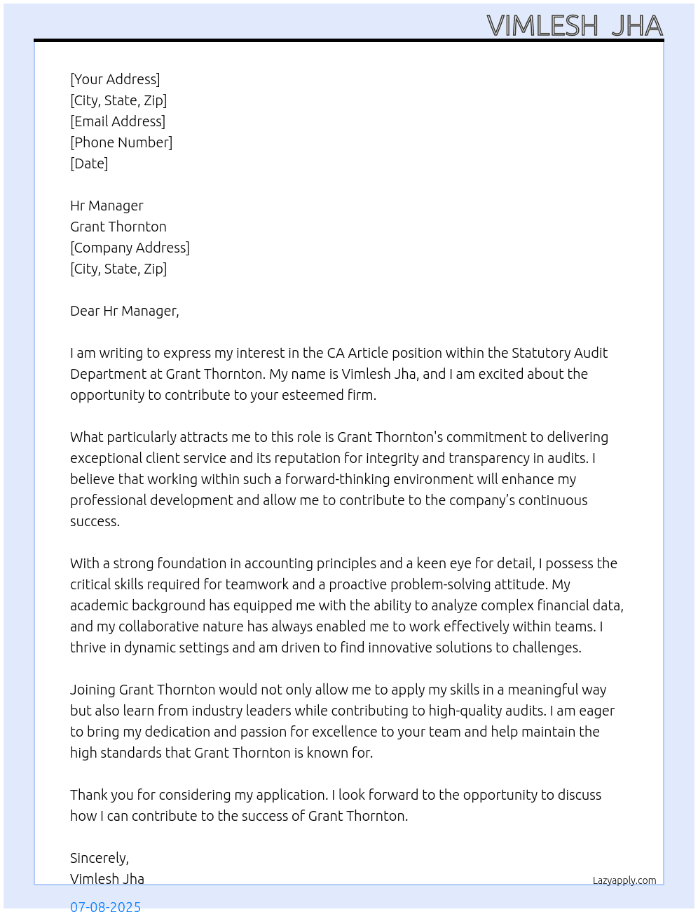 Ca article  At Grant Thornton Cover Letter
