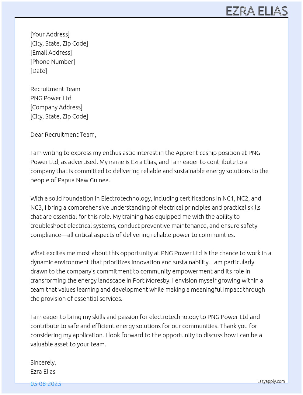 Apprenticeship  At PNG Power Ltd  Cover Letter