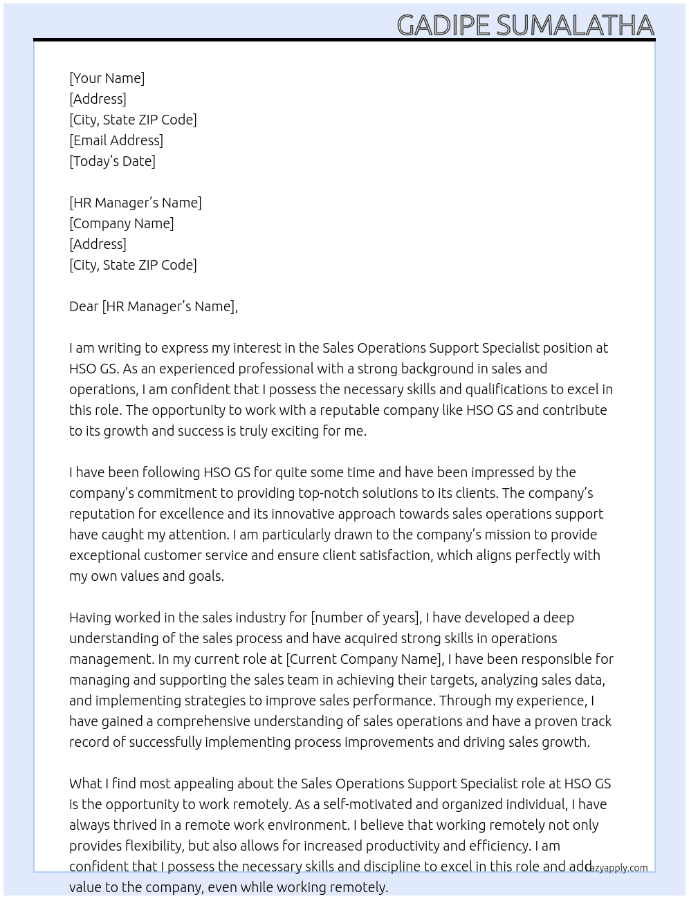 sales operations support specialist At HSO GS Cover Letter
