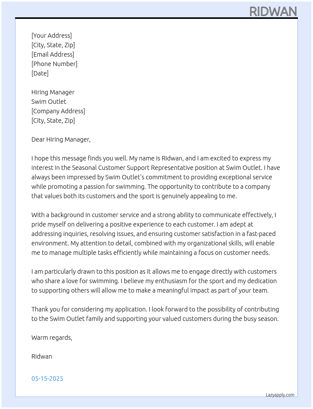 Seasonal Customer Support Representative At Swim outlet Cover Letter