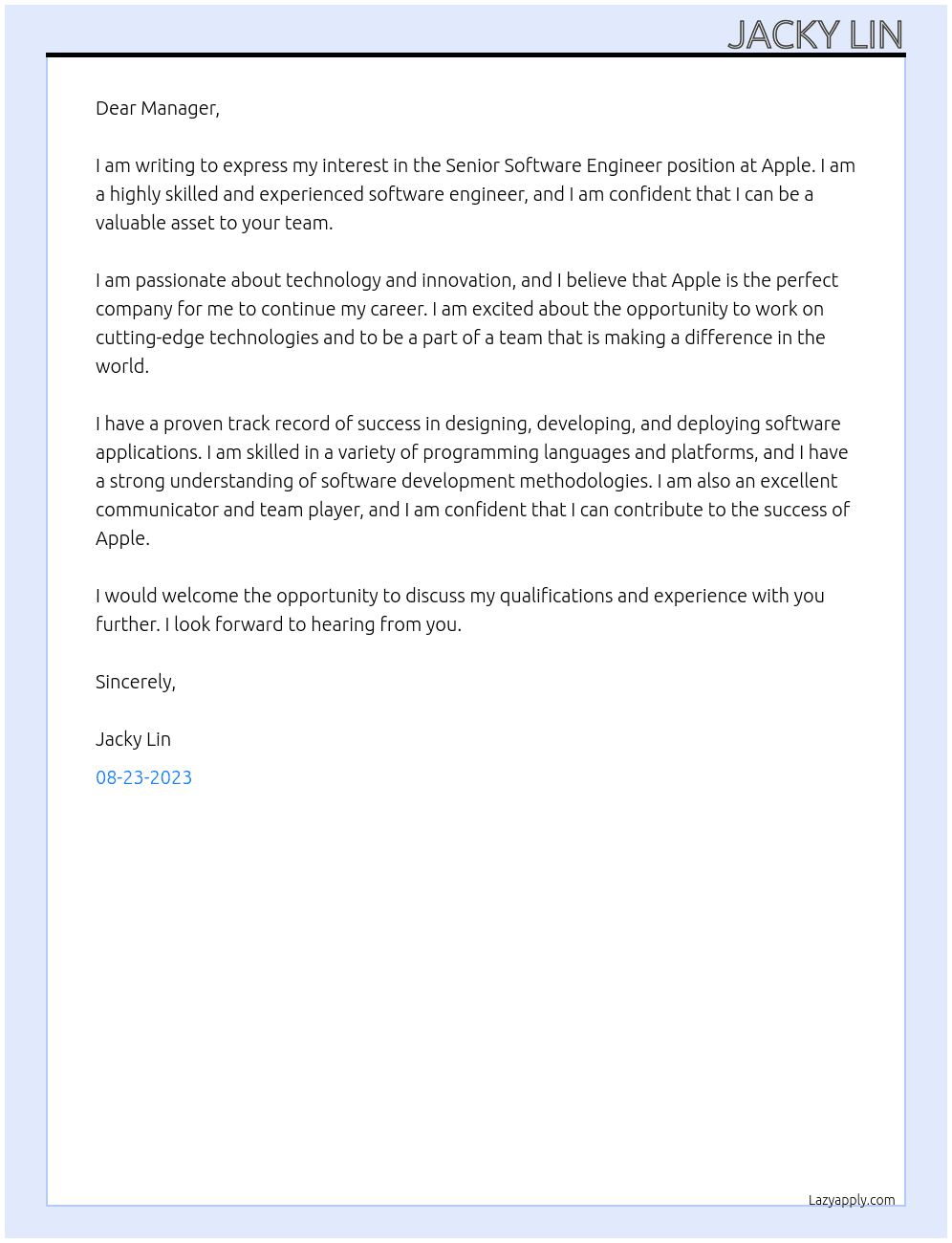 Senior Software Engineer At Apple Cover Letter