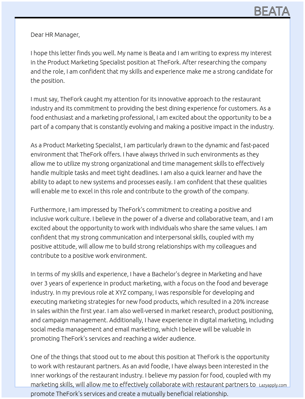 Product Marketing Specialist At TheFork Cover Letter