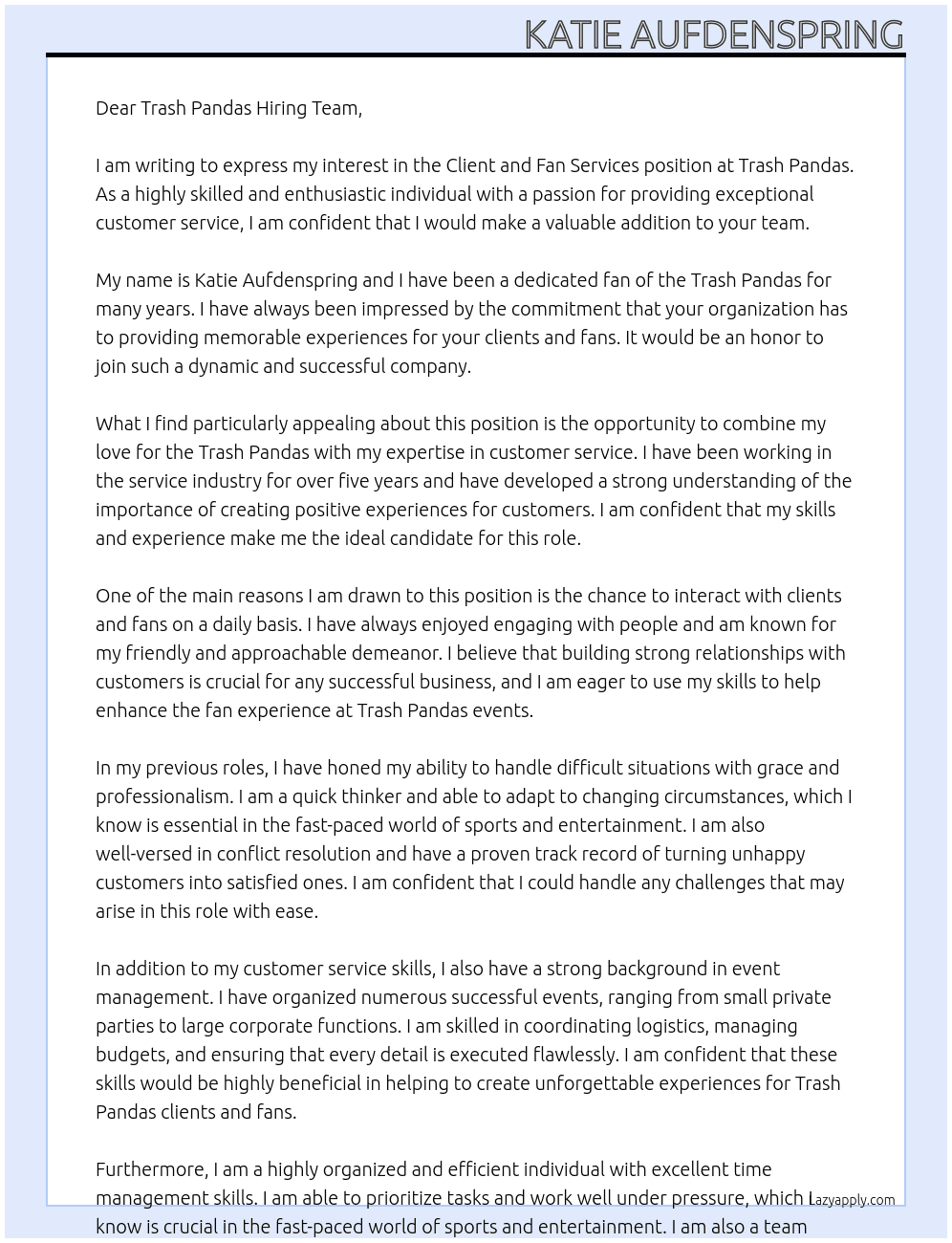 client and fan servies  At Trash Pandas  Cover Letter