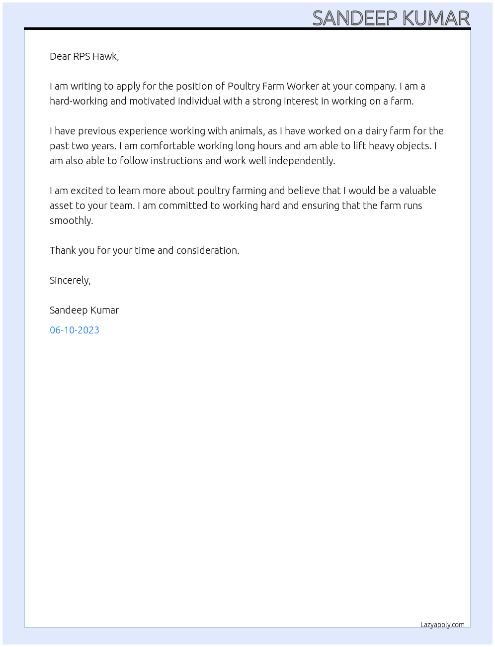 Poultry Farm Worker At  RPS Hawk Cover Letter