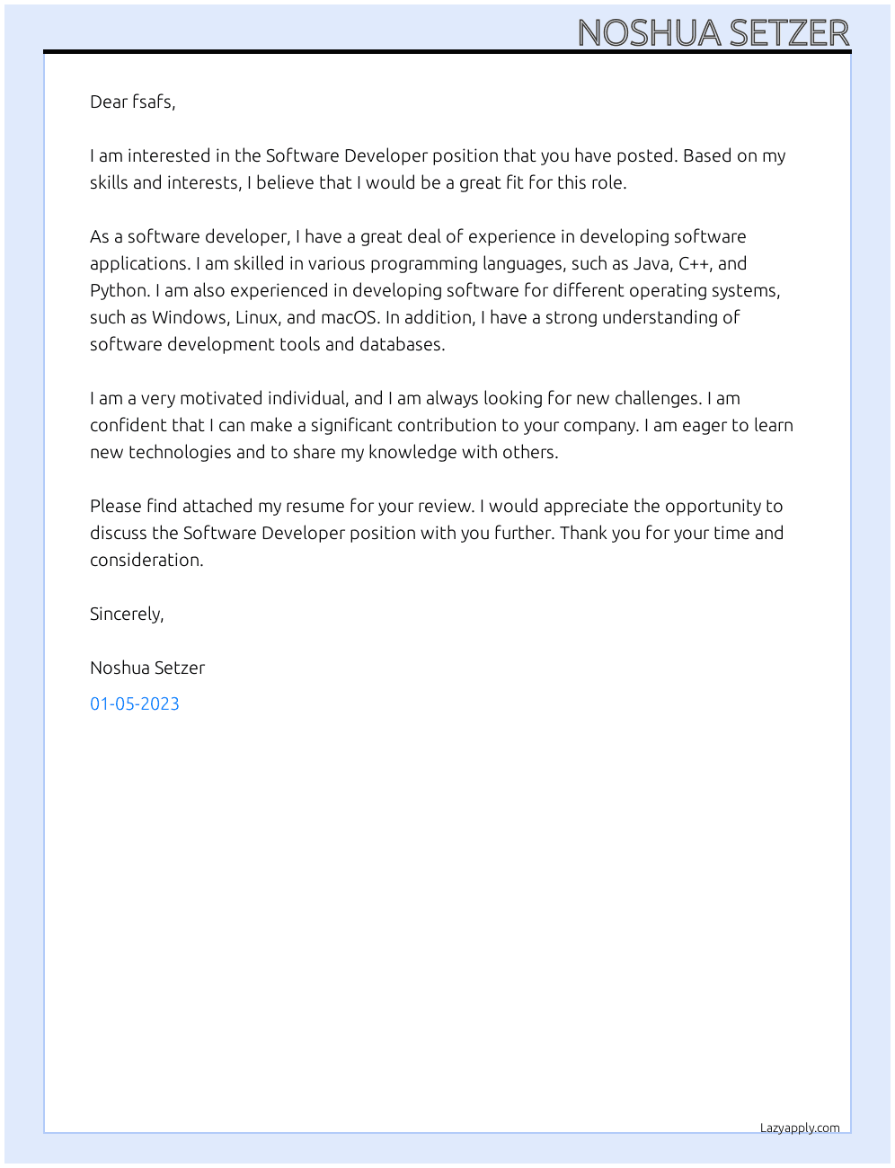 Software Developer At  fsafs Cover Letter