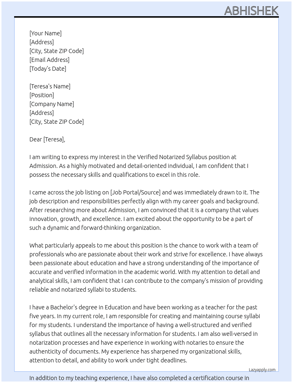 Verified notarized syllabus At Admission Cover Letter