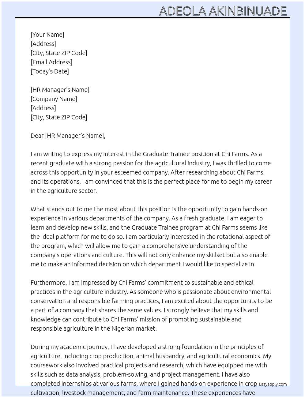Graduate trainee At Chi Farms Cover Letter