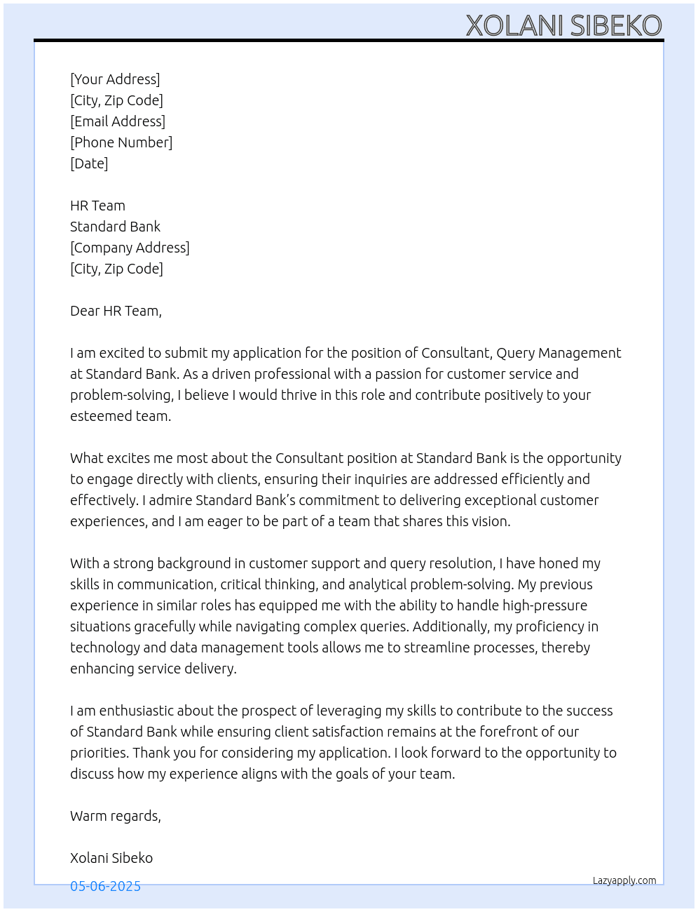 Cover letter for consultant, query management - LazyApply