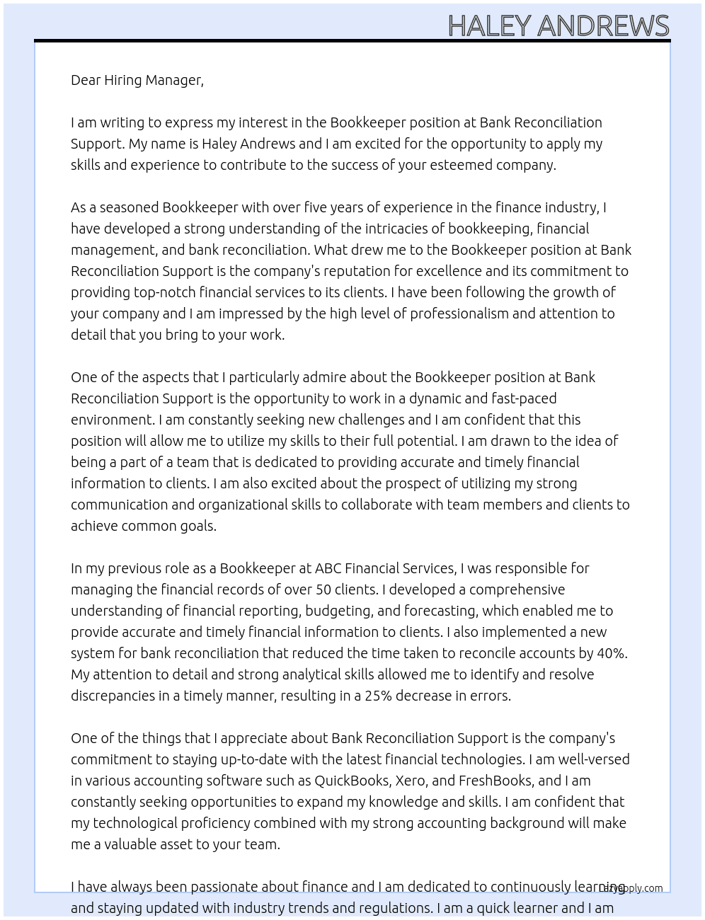 Bookkeeper At Bank Reconciliation Support Cover Letter