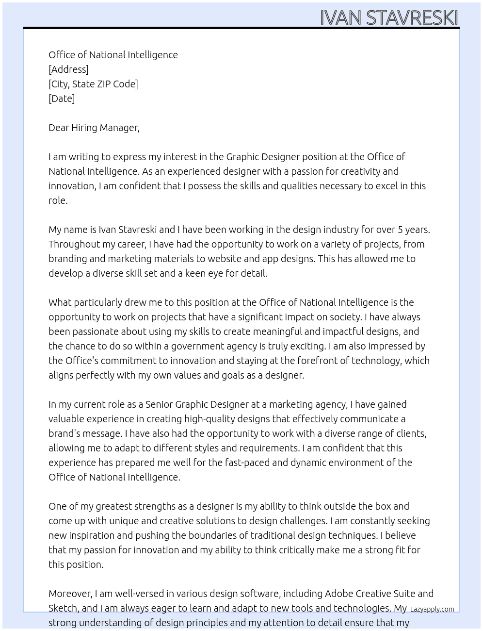 Graphic Designer At Office of National Intelligence Cover Letter