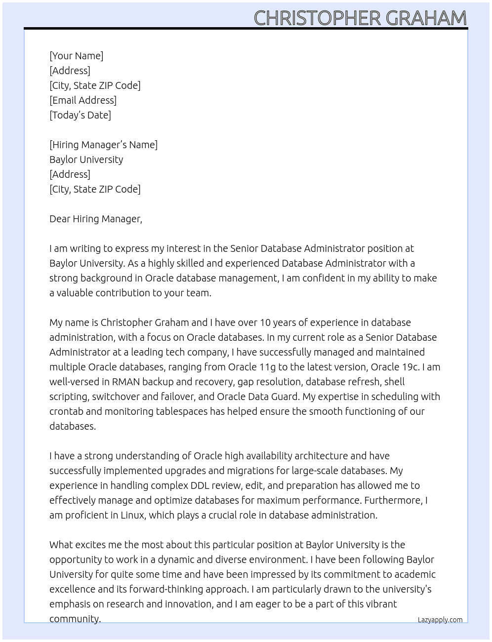 Senior Database Administrator At Baylor University Cover Letter