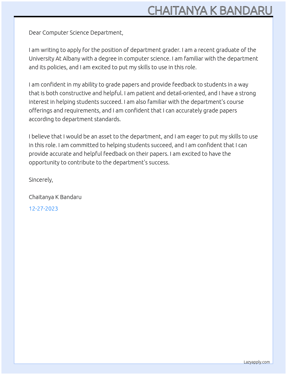Department grader At University At Albany Cover Letter