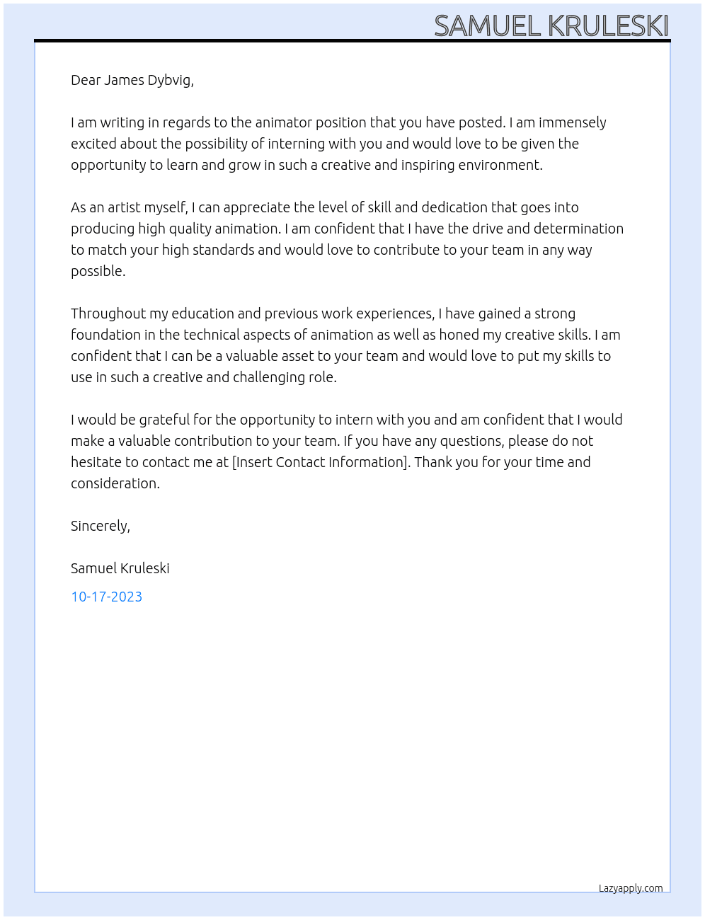 animator At internship Cover Letter