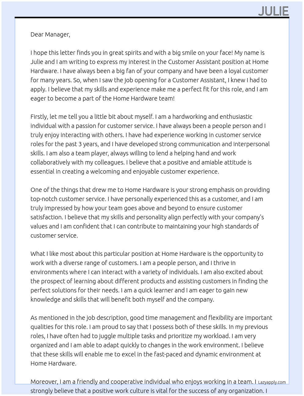 Customer assistant At Home Hardware Cover Letter