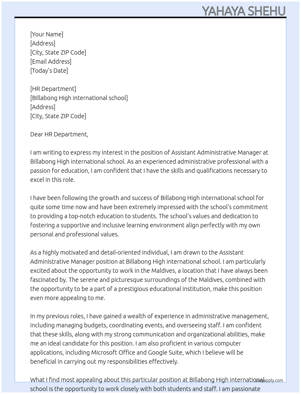 Assistant Administrative Manager  At Billabong High international school Cover Letter